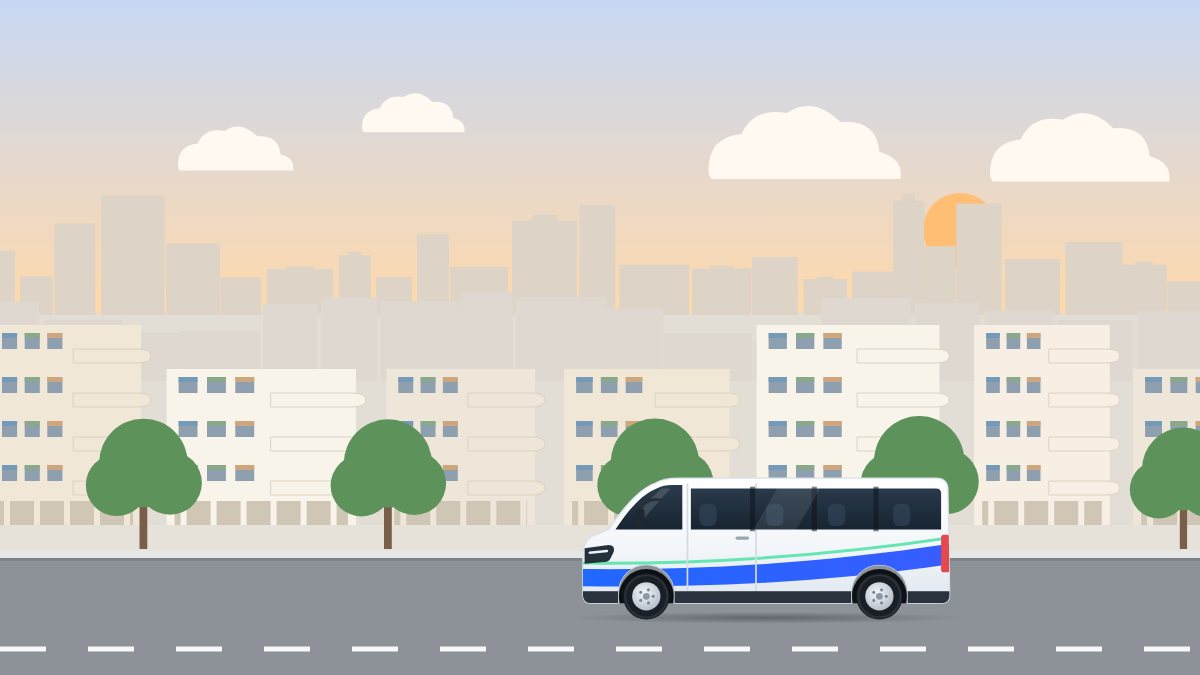 איור למדריך זקיפת שווי הסעה: ואן הסעות נוסע ברחוב של בתים לבנים בסגנון באוהאוס, באור של אחר הצהריים.